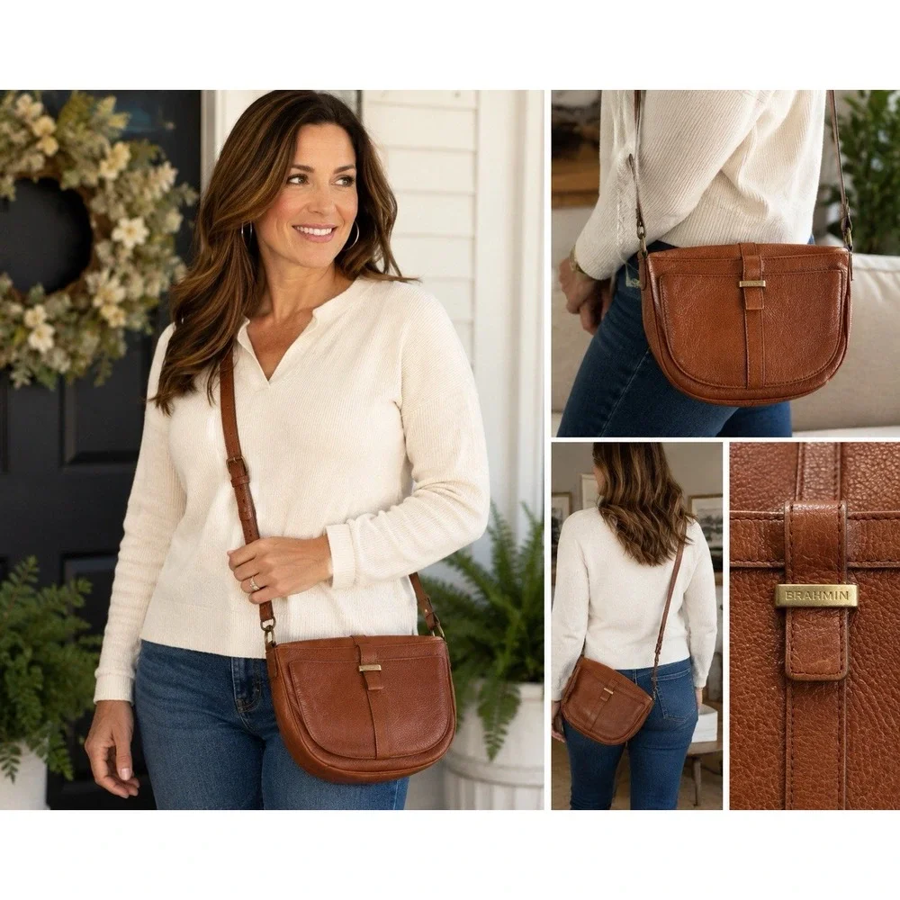 Vintage Brahmin Leather Crossbody Saddle Bag Croc Embossed Brown Turn Lock Purse